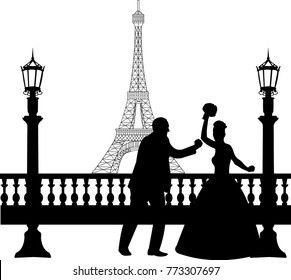 Wedding couple in front of Eiffel tower in Paris silhouette, one in the series of similar images