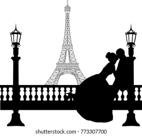 Wedding couple in front of Eiffel tower in Paris silhouette, one in the series of similar images