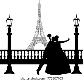 Wedding couple in front of Eiffel tower in Paris silhouette, one in the series of similar images