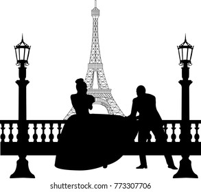 Wedding couple in front of Eiffel tower in Paris silhouette, one in the series of similar images