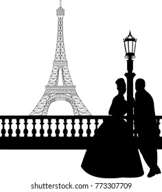 Wedding couple in front of Eiffel tower in Paris silhouette, one in the series of similar images