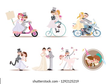 WEDDING COUPLE, GROOM AND BRIDE IN BIKE, BICYCLE OR DANCING