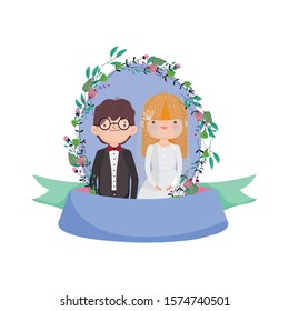 wedding couple, groom and bride cartoon flowers frame decoration vector illustration