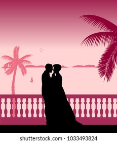Wedding couple, groom and bride on seacoast under the palms on the beach silhouette, one in the series of similar images