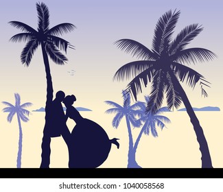 Wedding couple, groom and bride on seacoast between the palms on the beach silhouette, one in the series of similar images. Layered vector illustration