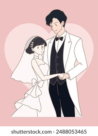 Wedding couple groom and bride on wedding day. Bride and groom holding hands, posing for wedding photo. Hand drawn flat cartoon character vector illustration.