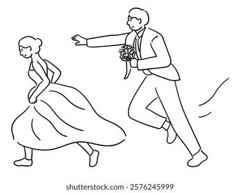 Wedding couple, groom is chasing after the bride as she runs vector illustration