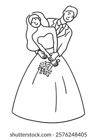 Wedding couple, the groom is hugging the bride affectionately vector illustration