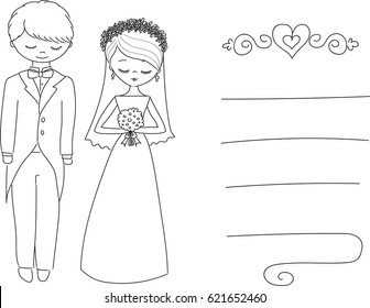 wedding couple hand drawn cartoon character invitation
