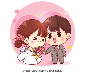 Pareja de bodas Feliz caricatura de San Valentín ilustración Premium Vector