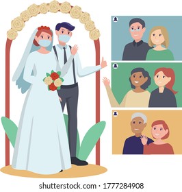 A wedding couple having online wedding ceremony with their relatives