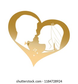 Wedding couple in the heart frame silhouette vector illustration. Can be used for wedding invitation card.