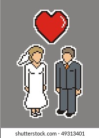 Wedding couple with heart. Vector pixel art style illustration.