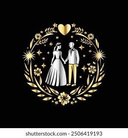 Wedding couple in heraldic heart shape. Vector illustration.