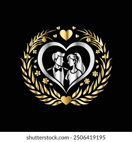 Wedding couple in heraldic heart shape. Vector illustration.