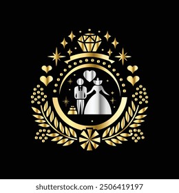 Wedding couple in heraldic heart shape. Vector illustration.