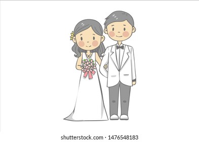 wedding couple holding flower kid cartoon character