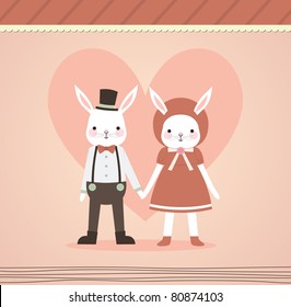 Wedding Couple Holding Hand. Two Lovely Rabbits in Retro Style. Just Married.