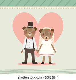 Wedding Couple Holding Hand. Two Lovely Bears in Retro Style. Just Married.