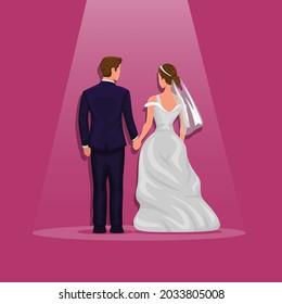 Wedding couple holding hand underspotlight from back view.  bridal wedding event cartoon illustration vector