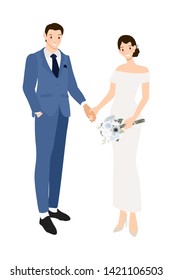 wedding couple holding hands in formal navy blue suit and dress flat style eps10 vectors illustration