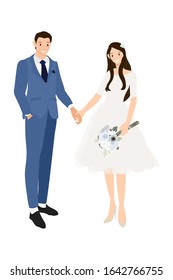 wedding couple holding hands in formal navy blue suit and dress flat style eps10 vectors illustration