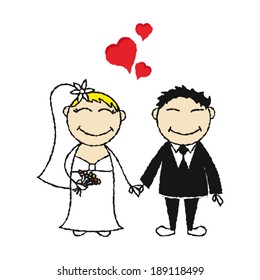 Wedding couple holding hands, vector illustration