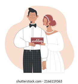 Wedding couple holding a wooden sign with the word "Wedding" hold hand. The bride and groom are getting married. The concept of love. Vector stock illustration on liquid pink background in flat style.