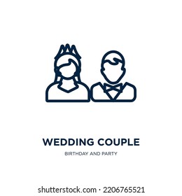 Wedding Couple Icon From Birthday And Party Collection. Thin Linear Wedding Couple, Couple, Love Outline Icon Isolated On White Background. Line Vector Wedding Couple Sign, Symbol For Web And Mobile