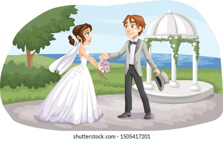 Wedding Couple Illustration on The Big Day with Sunny weather Background