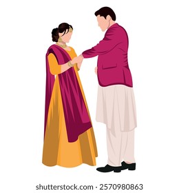 wedding couple illustration wearing mehndi dresses and putting rings on each others hands