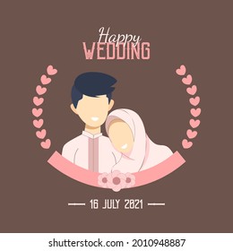 wedding couple ilustration simple , islamic Wedding Cute Face Couple, a couple of lovers wear Muslim clothes to get married