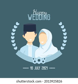 wedding couple ilustration simple , islamic Wedding Cute Face Couple, a couple of lovers wear Muslim clothes to get married