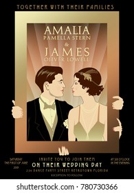 Wedding couple. The wedding invitation design. Handmade drawing vector illustration. Art Deco style.