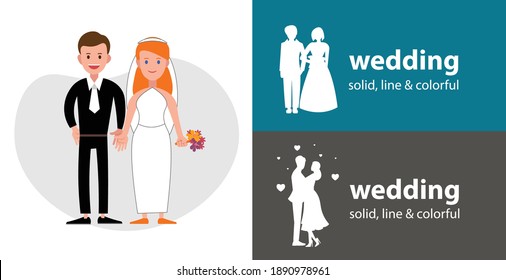 Wedding Couple Isolated Vector Flat Icon. Silhouette Line Solid Design Element