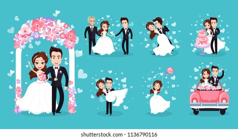 Wedding couple isolated, vector joyful newlywed man in suit and woman in white gown, ceremony act, riding on car, kissing, throwing bouquet and dancing