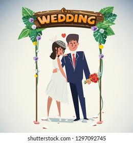Wedding couple with jungle wedding arch - vector illustration