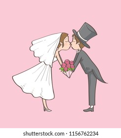 wedding couple kissing cartoon vector, cute and romantic