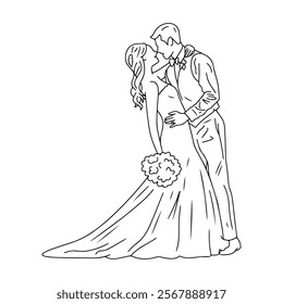 Wedding couple line art cartoon, digital art illustration.