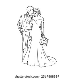 Wedding couple line art cartoon, digital art illustration.