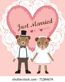 Wedding Couple - Little Cute Bears Couple Standing and Holding Hands. Vector Illustration.
