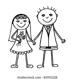 Wedding couple, lovely bride and groom together! Hand drawing vector illustration.