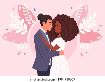 Wedding couple. Man and black woman getting married, newlyweds. Wedding portrait. Multicultural family. Vector illustration