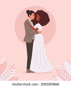 Wedding Couple. Man And Black Woman Getting Married, Newlyweds. Wedding Portrait. Multicultural Family. Vector Illustration