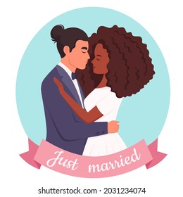 Wedding Couple. Man And Black Woman Getting Married, Newlyweds. Wedding Portrait. Multicultural Family. Vector Illustration