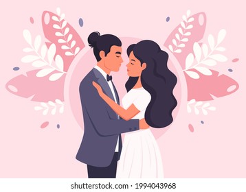Wedding couple. Man and woman getting married, newlyweds. Wedding portrait. Vector illustration