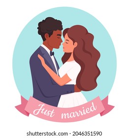 Wedding couple. Man and woman getting married, newlyweds. Wedding portrait. Multicultural family. Vector illustration