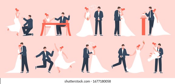 Wedding couple. Marriage bride and groom, newlyweds in love, young family dancing and celebrating, marriage ceremony vector illustration set. Bride and groom, wedding marriage love, dress newlywed