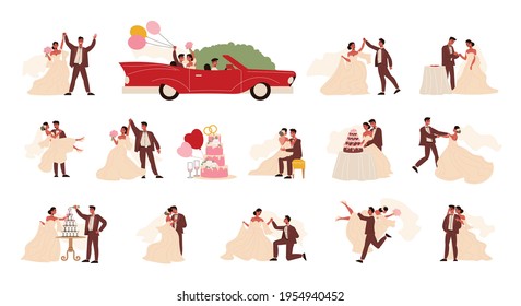 Wedding couple marriage bride groom set of isolated human characters in costumes with car and balloons vector illustration