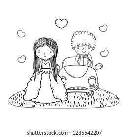 wedding couple marriage cute cartoon in black and white